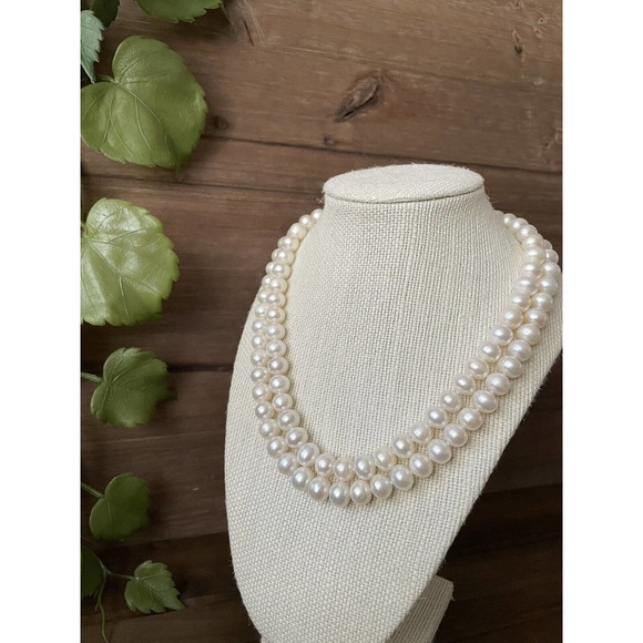 10mm White Pearl Necklace Double Strand - 17” Hand Knotted - Silver Overtone - Picture 2 of 10